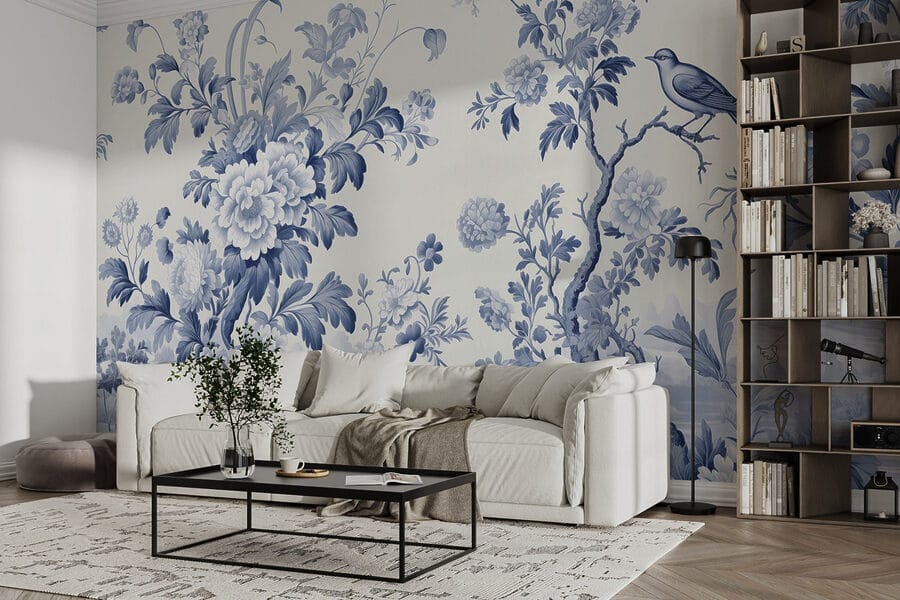 Motif floral bleu et blanc