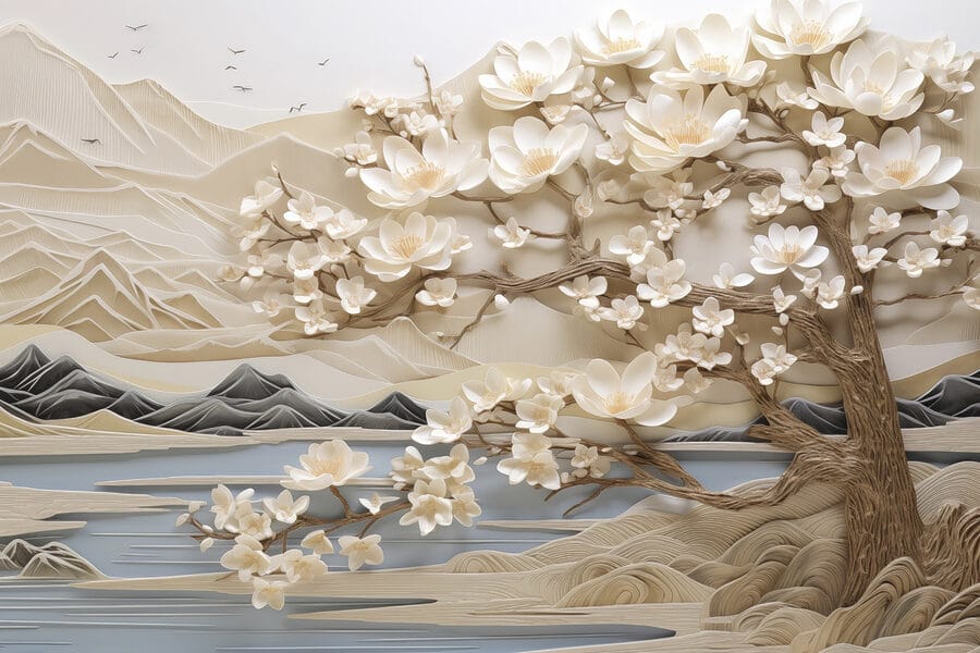 Arbre avec fleurs blanches et montagnes Arbre avec fleurs blanches et montagnes