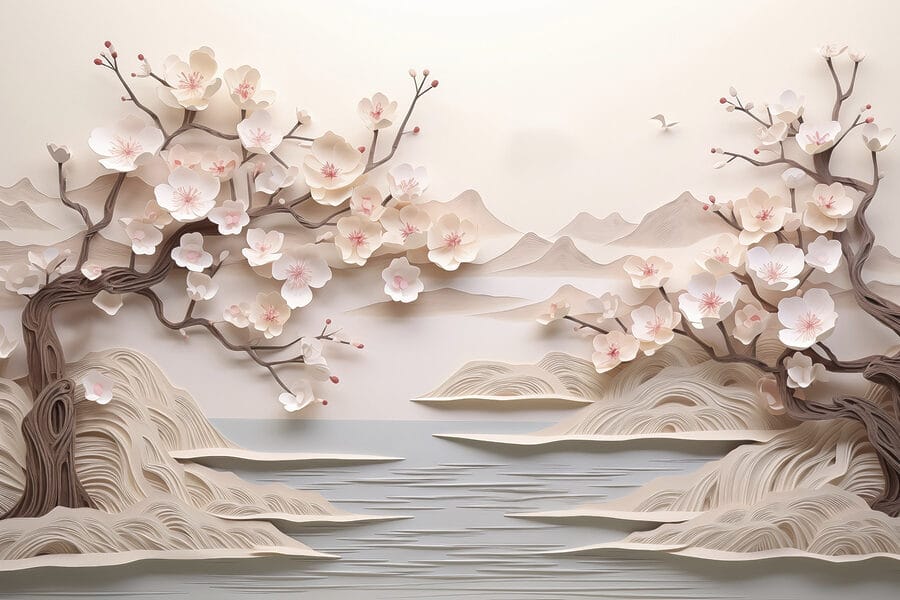 Papier découpé d'un arbre avec des fleurs et de l'eau Papier découpé d'un arbre avec des fleurs et de l'eau