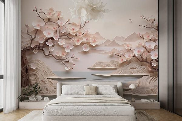 Papier découpé d'un arbre avec des fleurs et de l'eau Papier découpé d'un arbre avec des fleurs et de l'eau