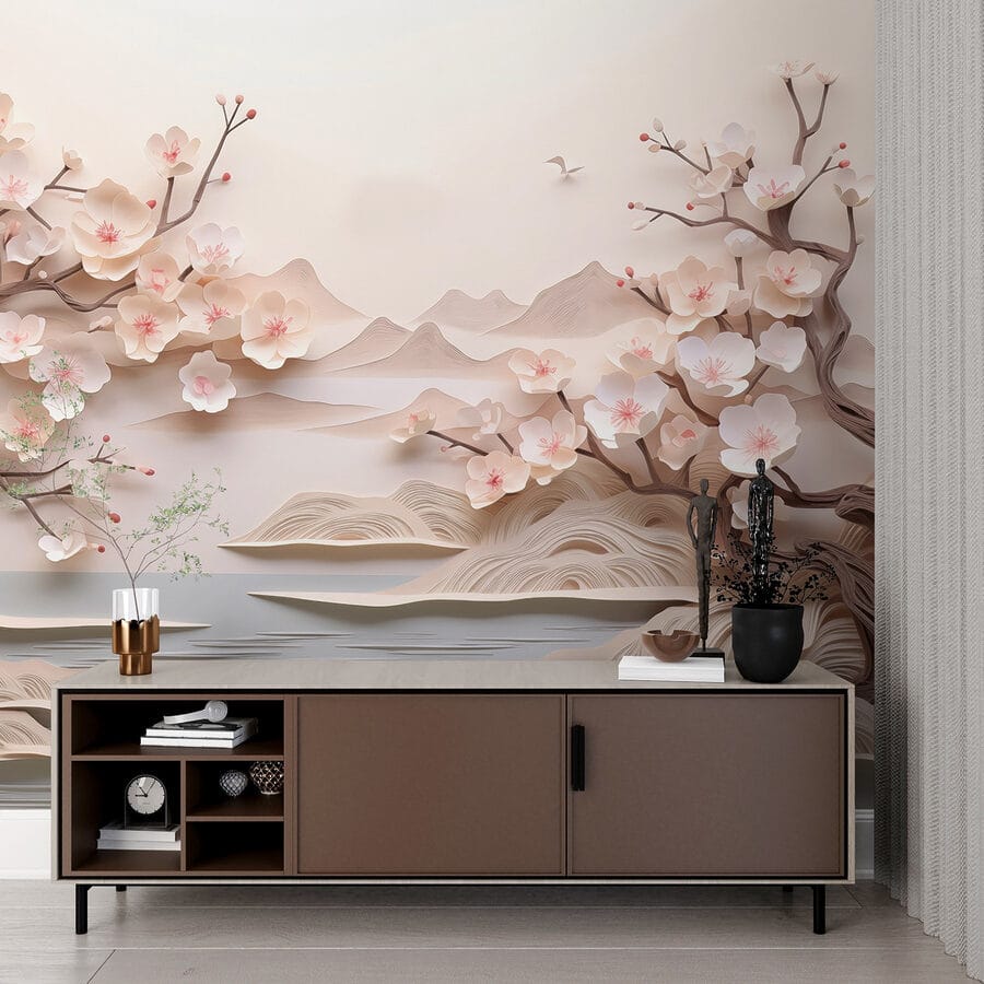 Papier découpé d'un arbre avec des fleurs et de l'eau Papier découpé d'un arbre avec des fleurs et de l'eau