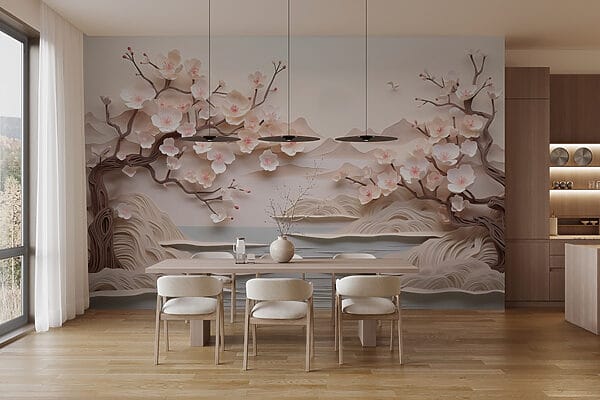 Papier découpé d'un arbre avec des fleurs et de l'eau Papier découpé d'un arbre avec des fleurs et de l'eau