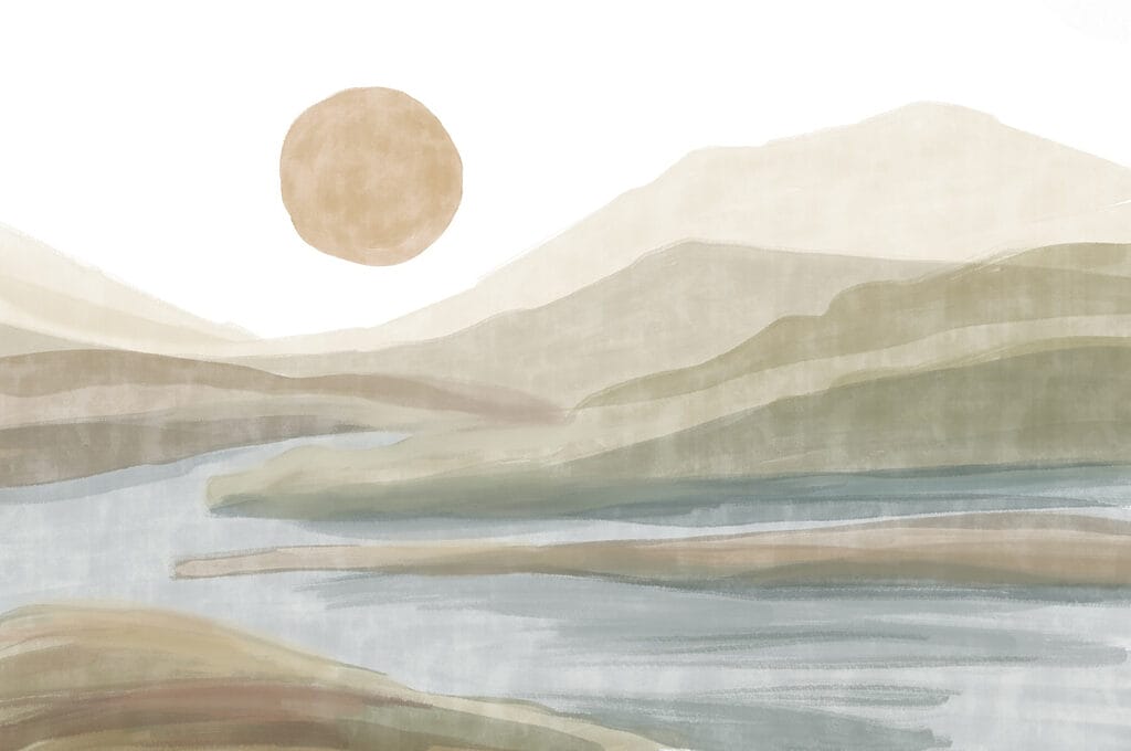 Aquarelle d'une rivière et de montagnes Aquarelle d'une rivière et de montagnes