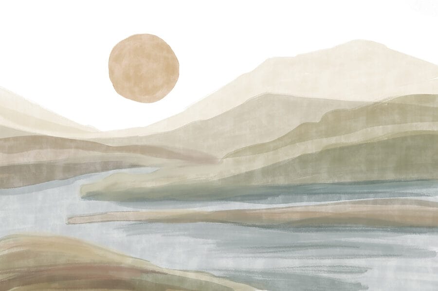 Aquarelle d'une rivière et de montagnes