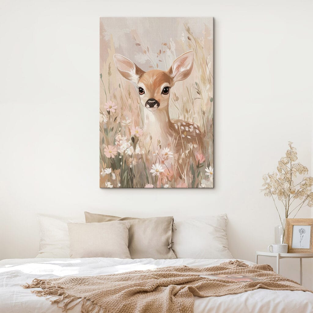 Painting of a deer in a field of flowers