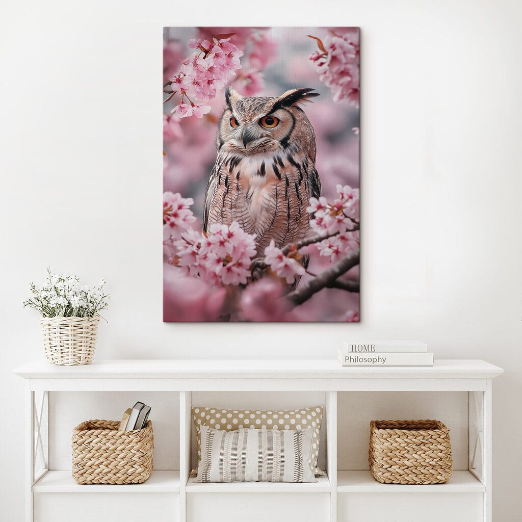 An owl in a tree with pink flowers