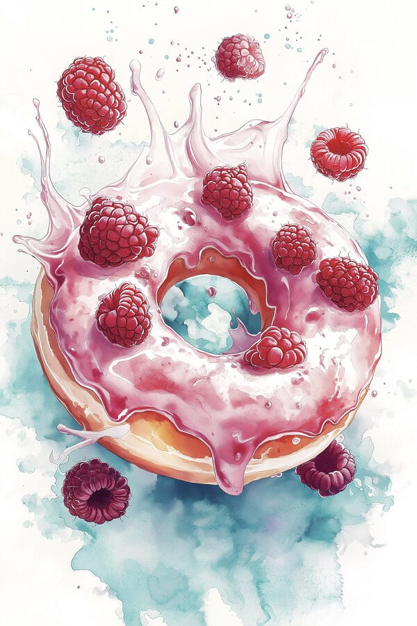 Peinture d'un beignet avec des framboises et des éclaboussures de lait Peinture d'un beignet avec des framboises et des éclaboussures de lait