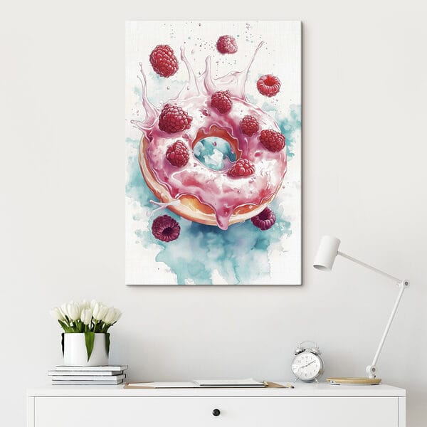 Peinture d'un beignet avec des framboises et des éclaboussures de lait Peinture d'un beignet avec des framboises et des éclaboussures de lait