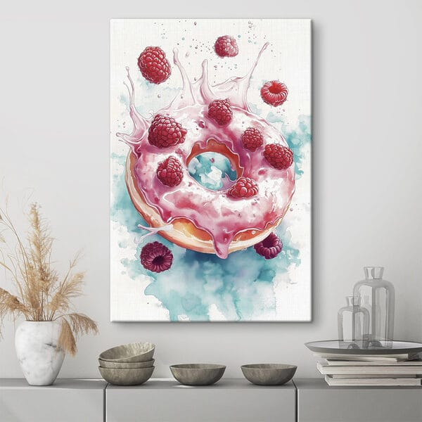 Peinture d'un beignet avec des framboises et des éclaboussures de lait Peinture d'un beignet avec des framboises et des éclaboussures de lait
