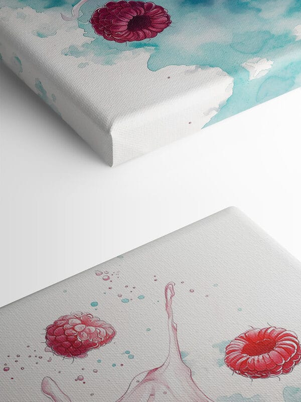 Peinture d'un beignet avec des framboises et des éclaboussures de lait Peinture d'un beignet avec des framboises et des éclaboussures de lait