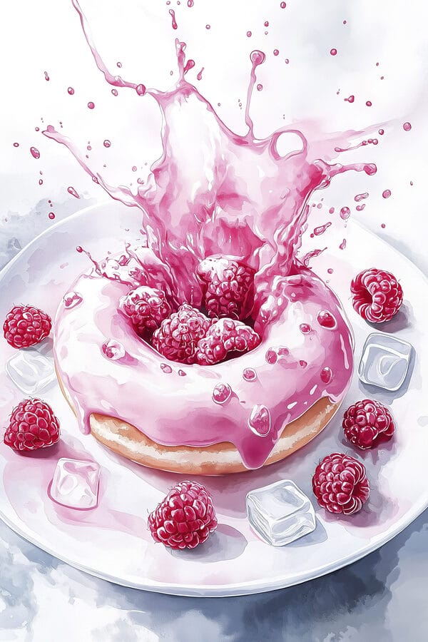 Donut avec glaçage rose et framboises éclaboussant une assiette blanche Donut avec glaçage rose et framboises éclaboussant une assiette blanche