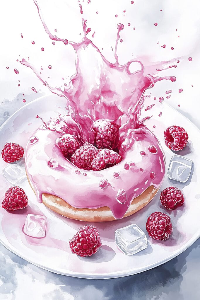 Donut with pink frosting and raspberries splashing into a white plate Donut with pink frosting and raspberries splashing into a white plate