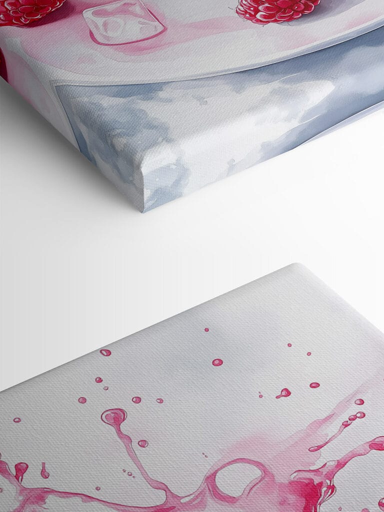 Donut with pink frosting and raspberries splashing into a white plate Donut with pink frosting and raspberries splashing into a white plate