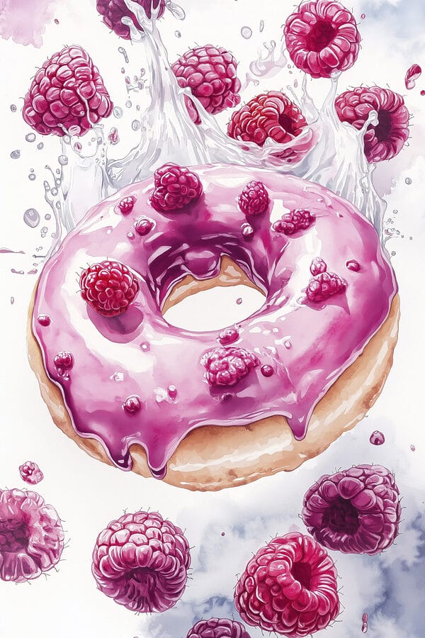 Peinture d'un beignet avec des framboises Peinture d'un beignet avec des framboises
