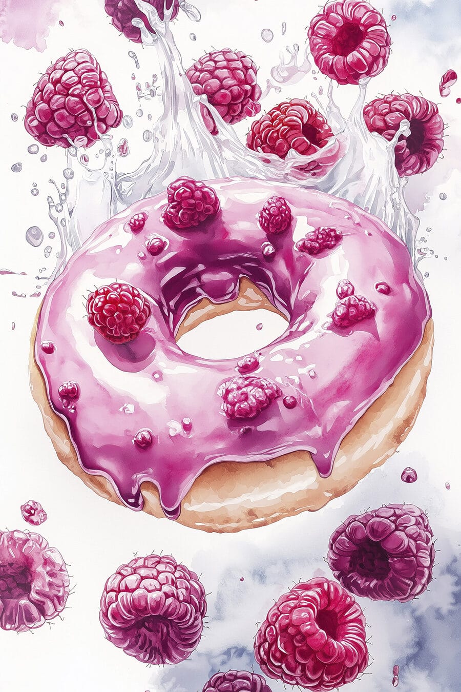 Peinture d'un beignet avec des framboises Peinture d'un beignet avec des framboises