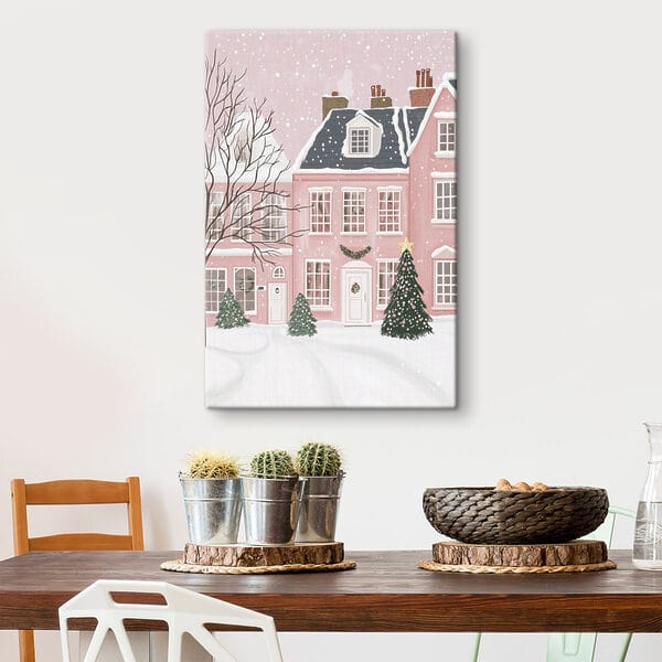 Maison rose avec arbres et neige Maison rose avec arbres et neige