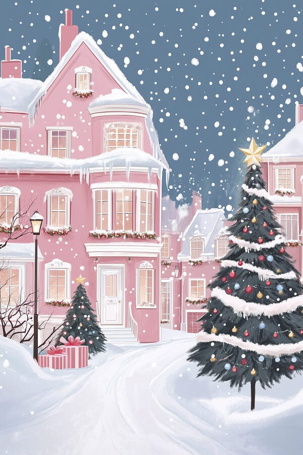 Arbre de Noël devant une maison rose Arbre de Noël devant une maison rose