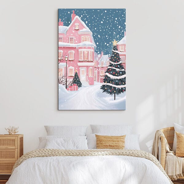 Arbre de Noël devant une maison rose Arbre de Noël devant une maison rose