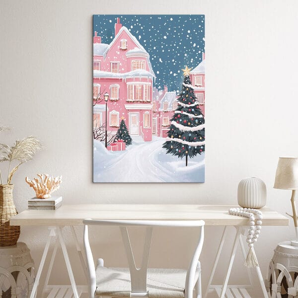 Arbre de Noël devant une maison rose Arbre de Noël devant une maison rose
