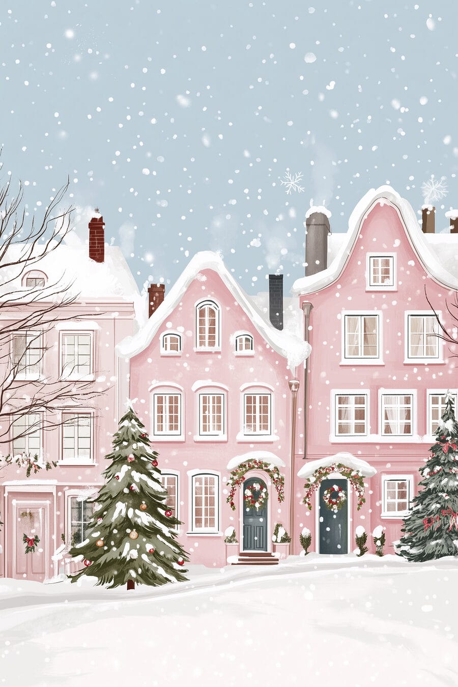 Maison rose avec de la neige