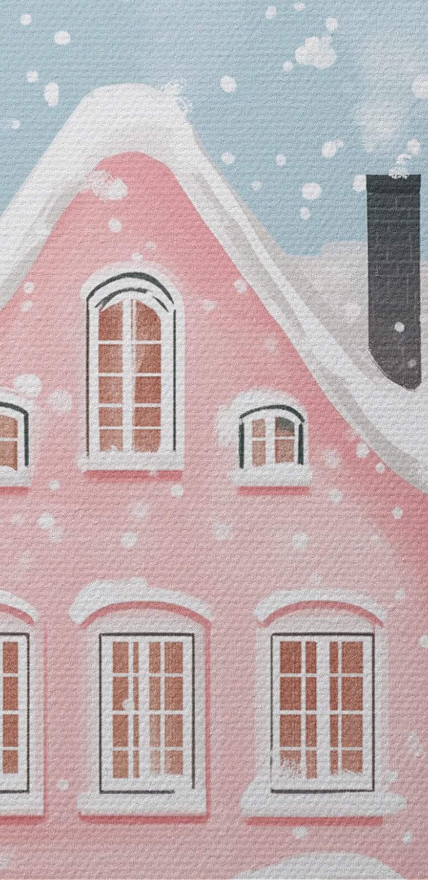 Maison rose avec de la neige