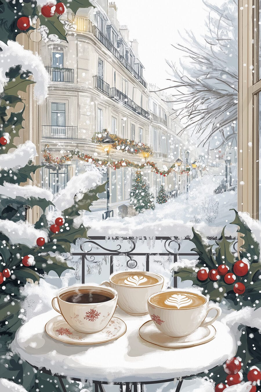 Tableaux Deux tasses de café sur un balcon avec de la neige et des bâtiments – Image 7