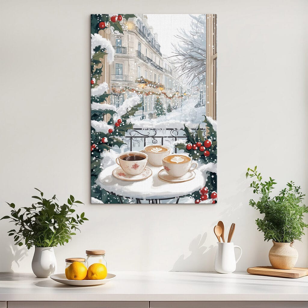 Couple of cups of coffee on a balcony with snow and buildings