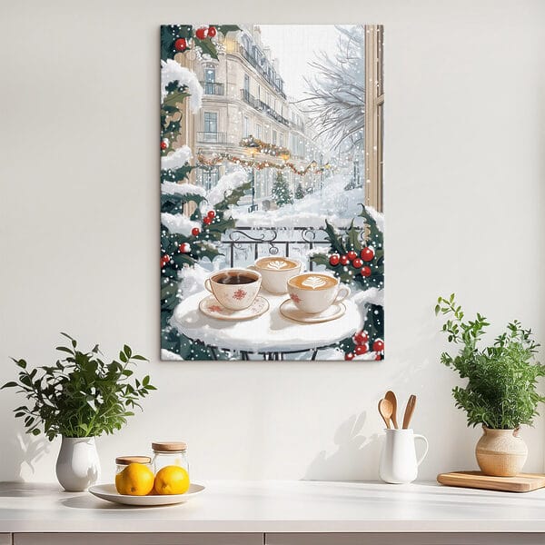 Deux tasses de café sur un balcon avec de la neige et des bâtiments Deux tasses de café sur un balcon avec de la neige et des bâtiments