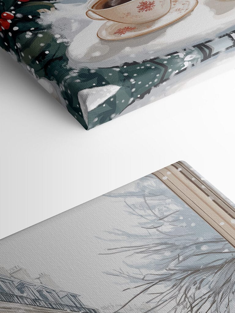 Couple of cups of coffee on a balcony with snow and buildings