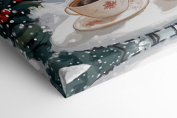 Deux tasses de café sur un balcon avec de la neige et des bâtiments Deux tasses de café sur un balcon avec de la neige et des bâtiments