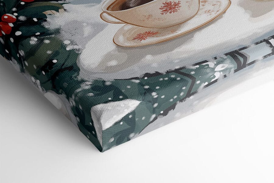 Tableaux Deux tasses de café sur un balcon avec de la neige et des bâtiments – Image 4