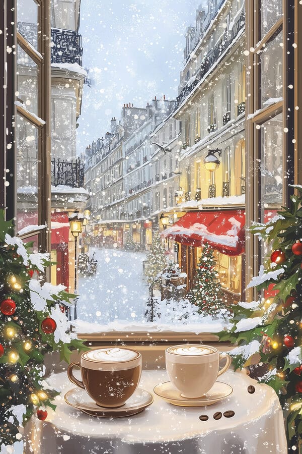 Fenêtre avec deux tasses de café et arbres devant une rue Fenêtre avec deux tasses de café et arbres devant une rue