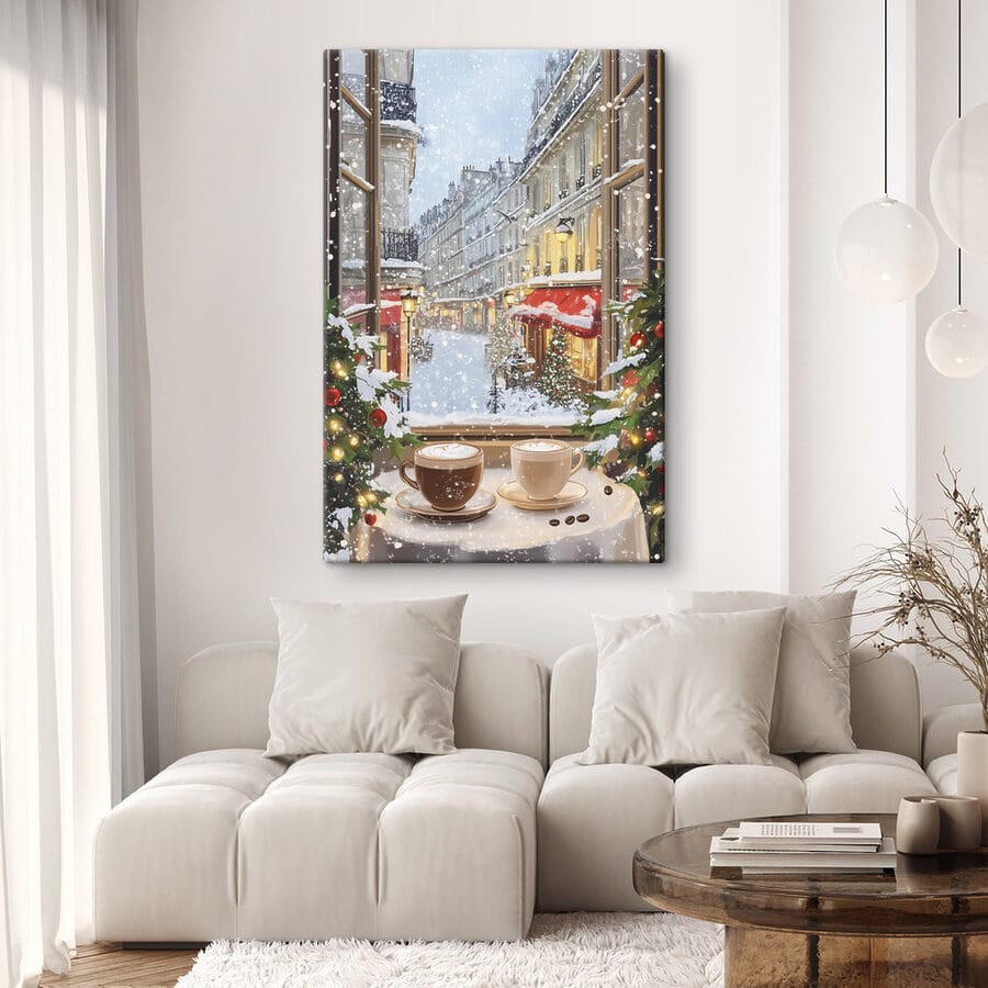 Fenêtre avec deux tasses de café et arbres devant une rue Fenêtre avec deux tasses de café et arbres devant une rue