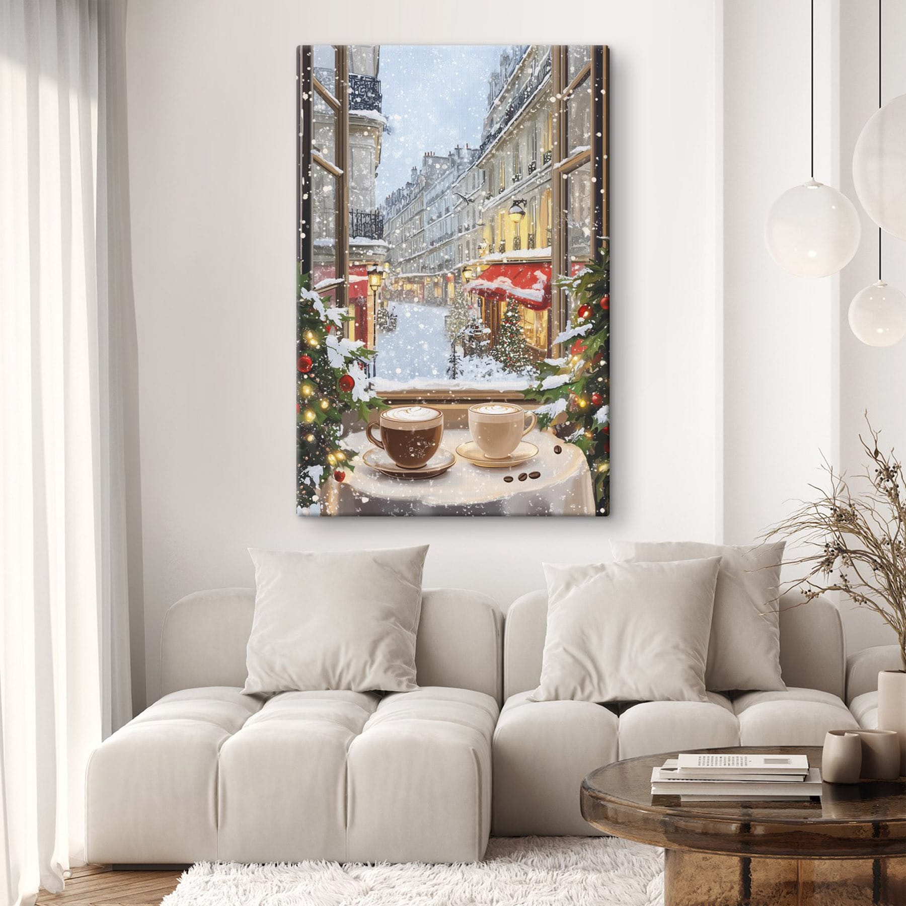 Window with two cups of coffee and trees in front of a street Window with two cups of coffee and trees in front of a street