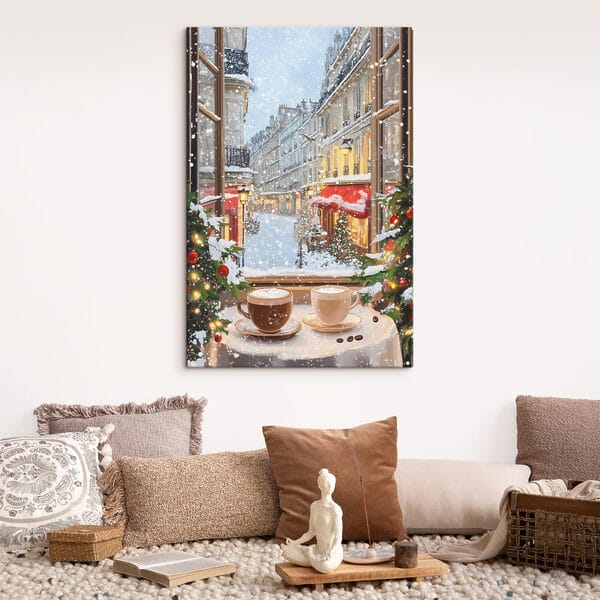 Fenêtre avec deux tasses de café et arbres devant une rue Fenêtre avec deux tasses de café et arbres devant une rue