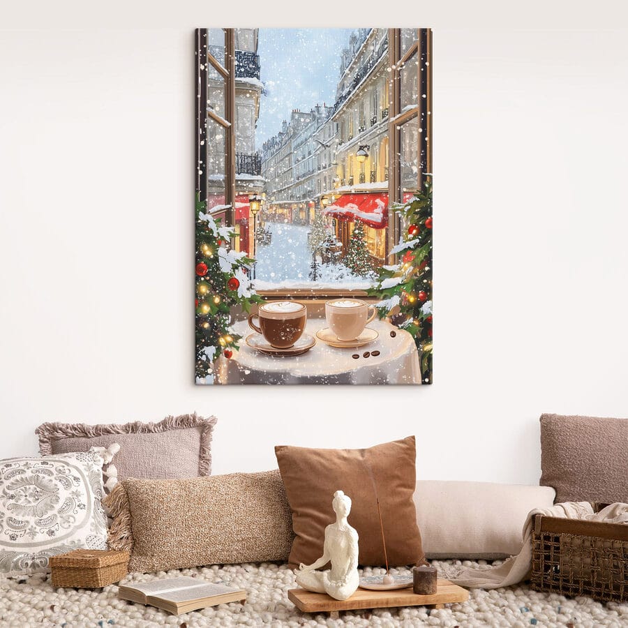 Fenêtre avec deux tasses de café et arbres devant une rue Fenêtre avec deux tasses de café et arbres devant une rue