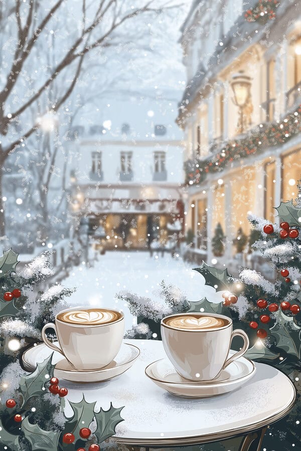 Deux tasses de café sur une table devant une rue enneigée Deux tasses de café sur une table devant une rue enneigée