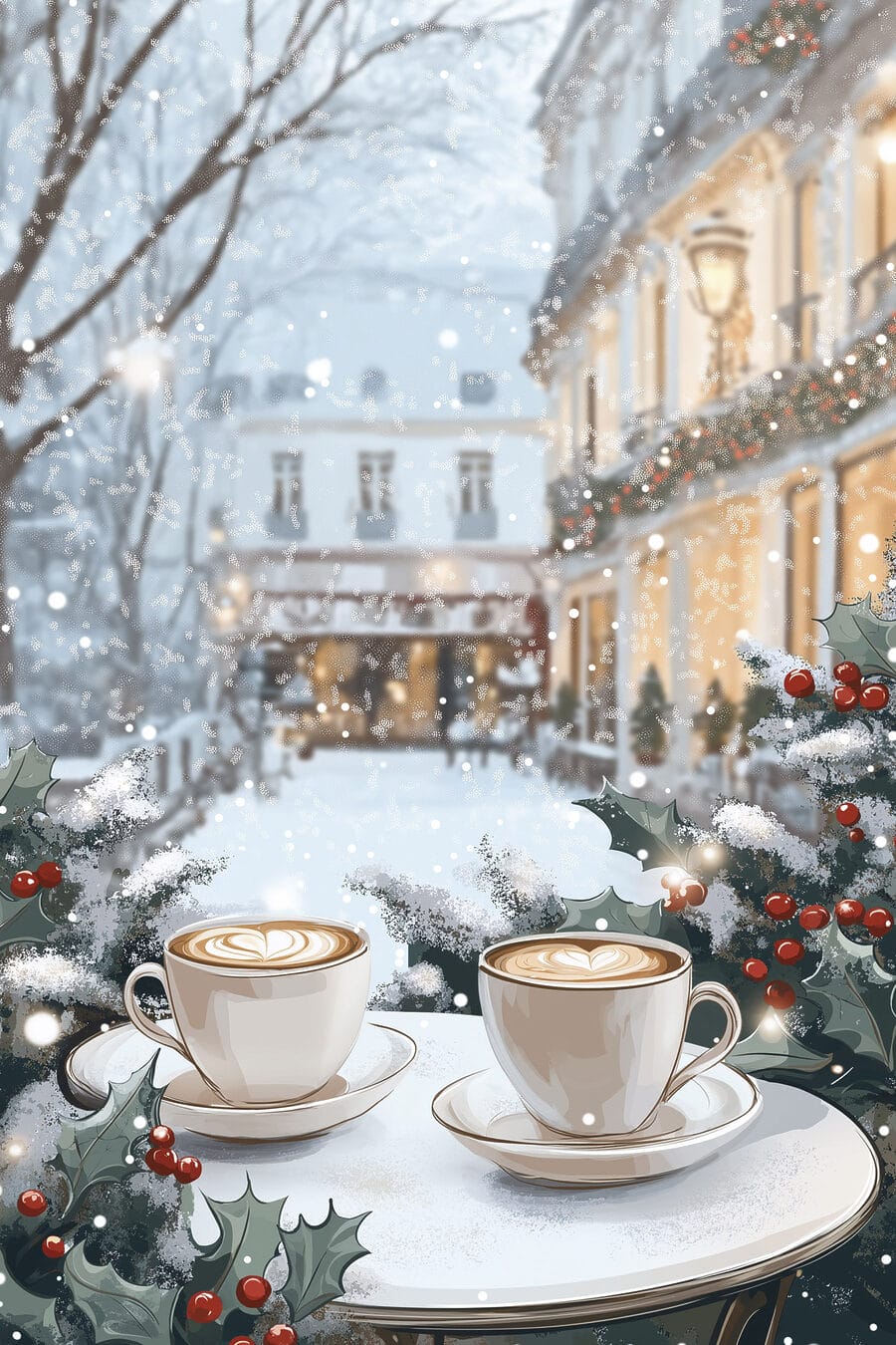 Deux tasses de café sur une table devant une rue enneigée