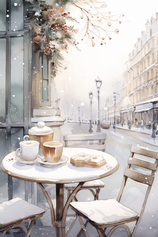 Table avec des tasses à café et des croissants Table avec des tasses à café et des croissants