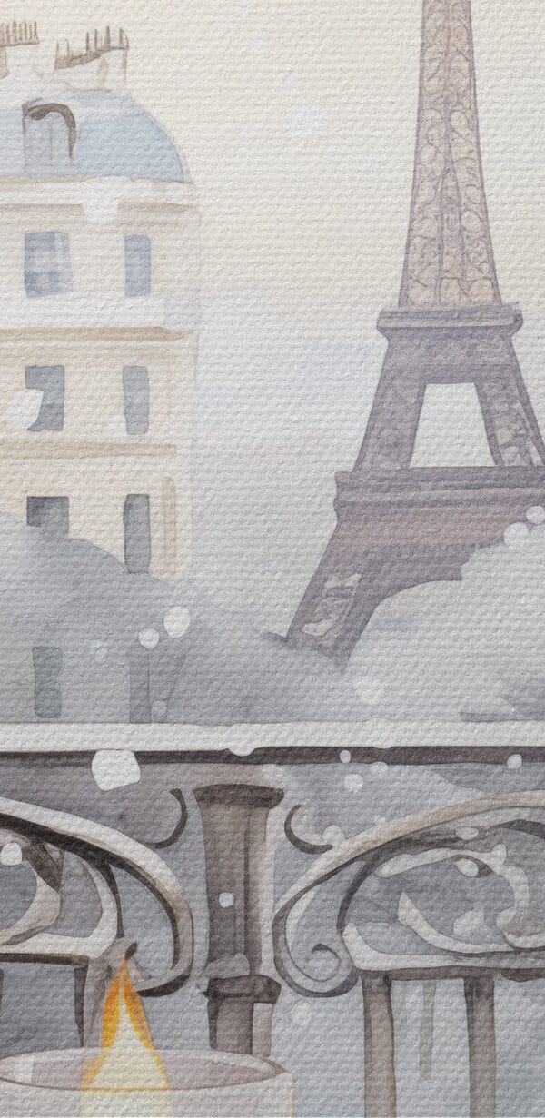 Peinture d'un service à thé sur un balcon avec une grande tour en arrière-plan Peinture d'un service à thé sur un balcon avec une grande tour en arrière-plan