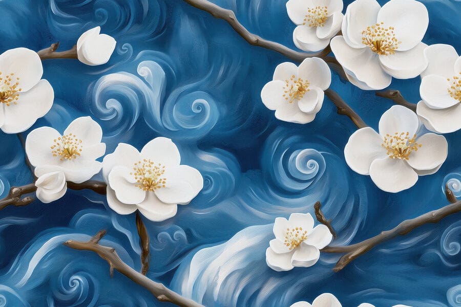 Papier peint Fleurs délicates dansant sur les vagues bleues – Image 7