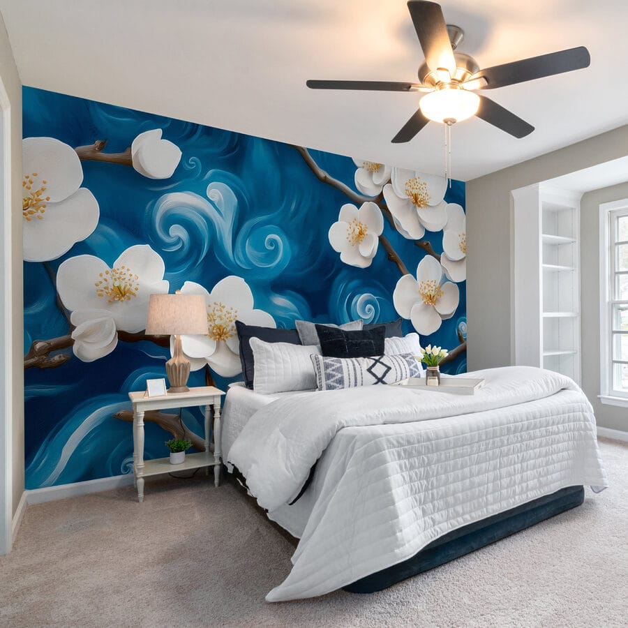 Papier peint Fleurs délicates dansant sur les vagues bleues – Image 2