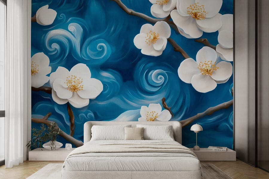 Papier peint Fleurs délicates dansant sur les vagues bleues – Image 3