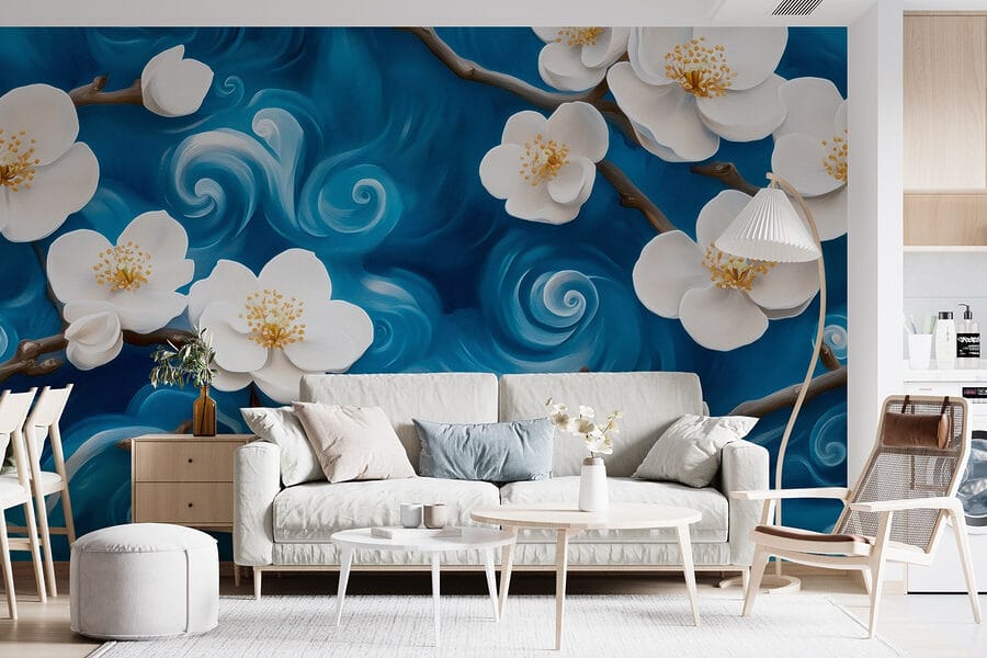 Papier peint Fleurs délicates dansant sur les vagues bleues – Image 4