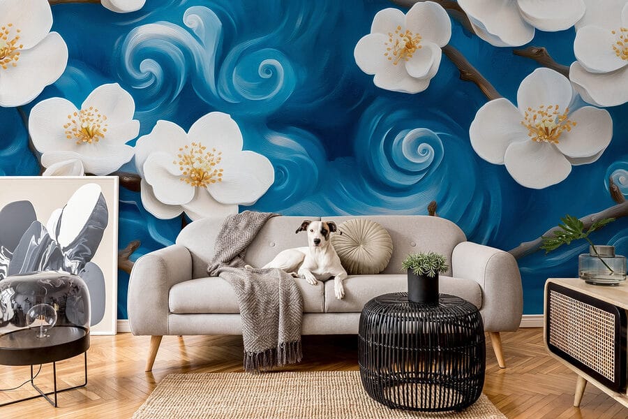 Papier peint Fleurs délicates dansant sur les vagues bleues – Image 5