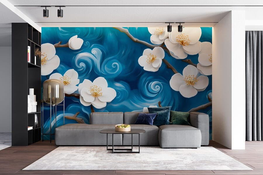 Papier peint Fleurs délicates dansant sur les vagues bleues – Image 6