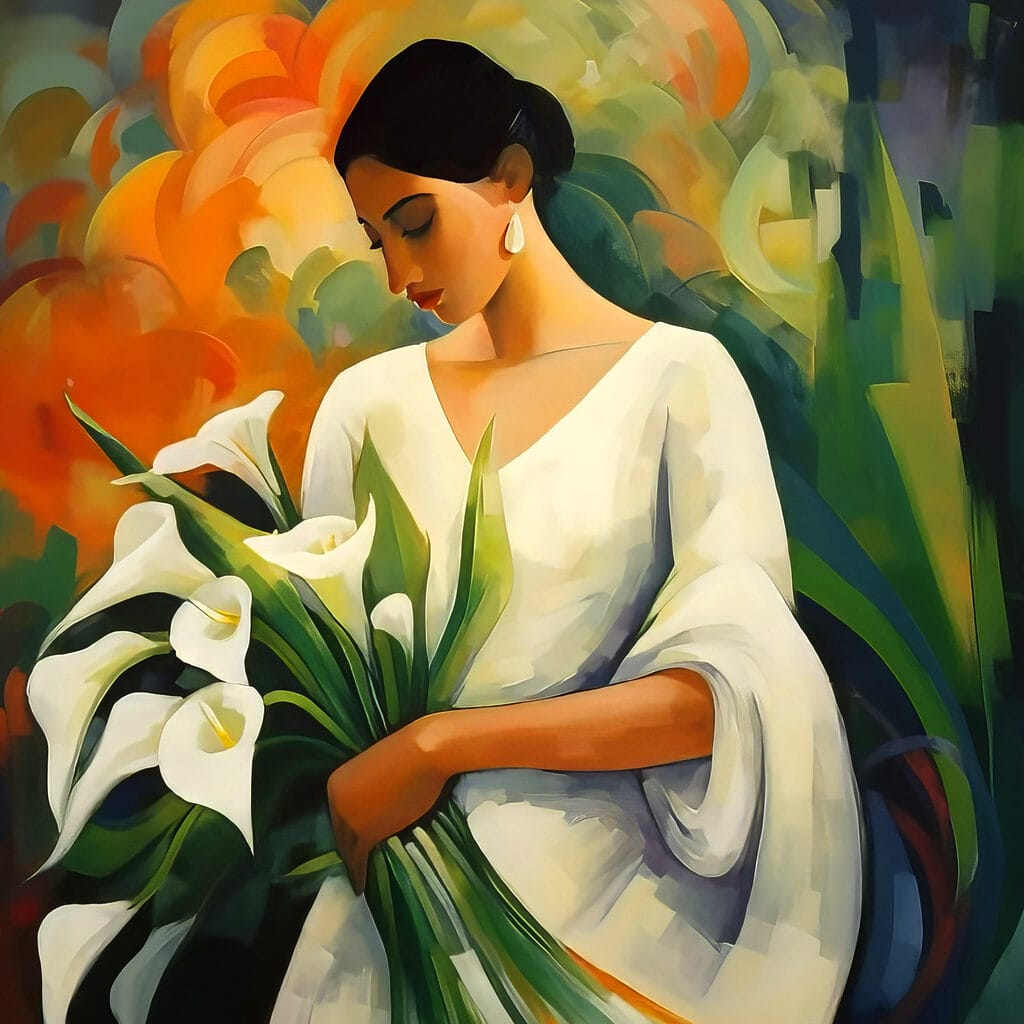 Painting of a woman holding flowers Painting of a woman holding flowers