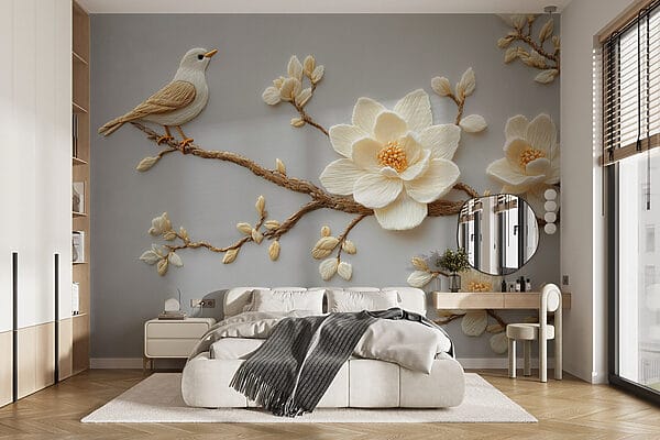 Oiseau sur une branche avec des fleurs Oiseau sur une branche avec des fleurs