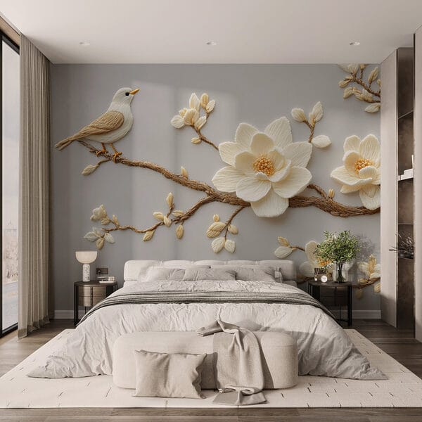 Oiseau sur une branche avec des fleurs Oiseau sur une branche avec des fleurs