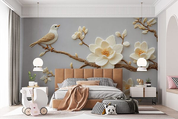 Oiseau sur une branche avec des fleurs Oiseau sur une branche avec des fleurs